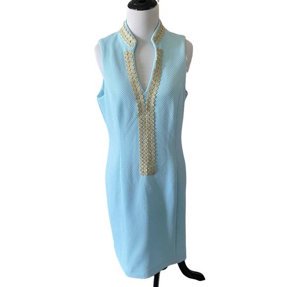 Pappagallo Teal Blue Gold Applique Stretch Dress Sz 6 - Picture 1 of 3
